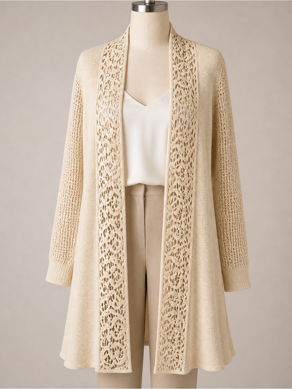 CHICO’S Longline Cardigan Sweater L Open Knit Lace‎ Boho Cottage Casual Office